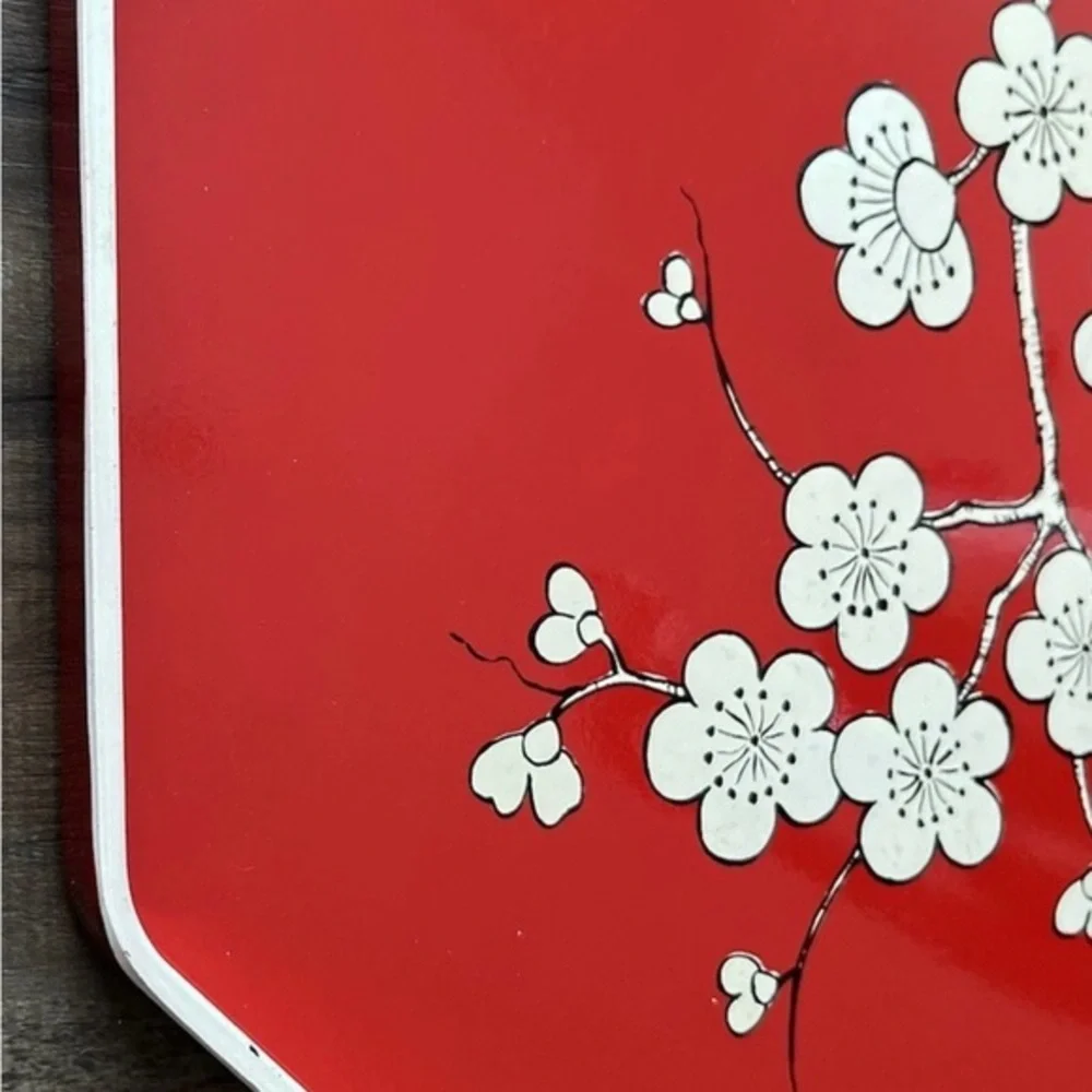 Vintage 1979 M. Kamenstein Red Cream Cherry Blossom Asian Octagonal Serving Tray